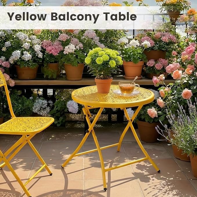 TeoKJ Folding Outdoor Side Table, Small Patio Table with Flower Cutouts | Metal Round Anti Rust Patio Desk, No Assembly Small Nightstand for Yard, Balcony, Lawn, Pool, Lightweight, Yellow