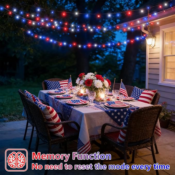 YEGUO Solar String Lights Outdoor Waterproof, 2 Packs Each 33ft 100 LED Red White Blue Lights, 8 Modes 4th of July Lights for Independence Memorial Day Decor