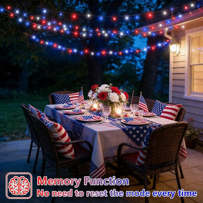 YEGUO Solar String Lights Outdoor Waterproof, 2 Packs Each 33ft 100 LED Red White Blue Lights, 8 Modes 4th of July Lights for Independence Memorial Day Decor