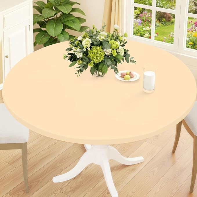 Smiry Round Spandex Tablecloth, Elastic Fitted Washable Tablecloths for 36"-44" Tables, Waterpoof Stretch Picnic Table Cover for Dining, Indoor and Outdoor, Ivory