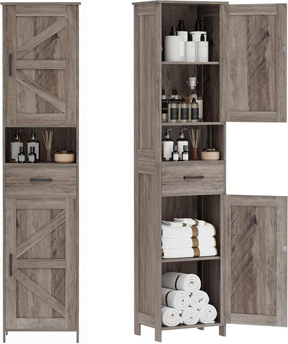 Homhedy 67" H Tall Bathroom Storage Cabinet with Barn Doors and Drawer | Narrow Storage Unit with Adjustable Shelves, Floor Cabinet for Bathroom, Living Room, Entryway or Kitchen, Greige, 15.7" W