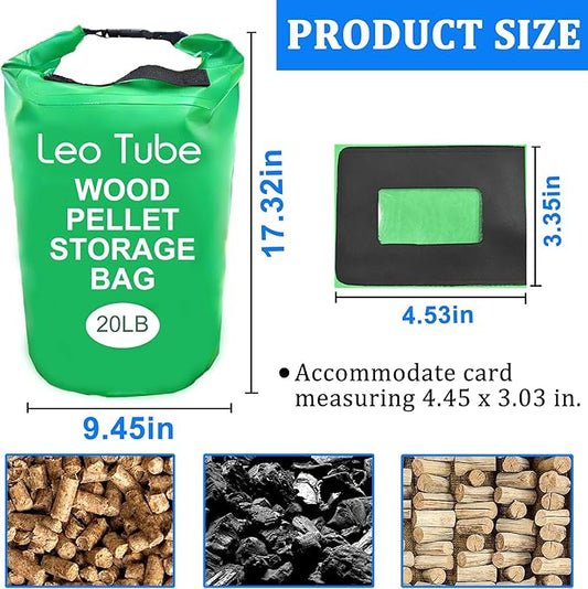 Heavy-Duty Wood Pellet Storage Bag, 20LB Waterproof Smoker Bag - 500D PVC Outdoor Storage Container with Buckle Seal, Label Pocket & Handles for BBQ, Grill, Pellet Smoker (Green)