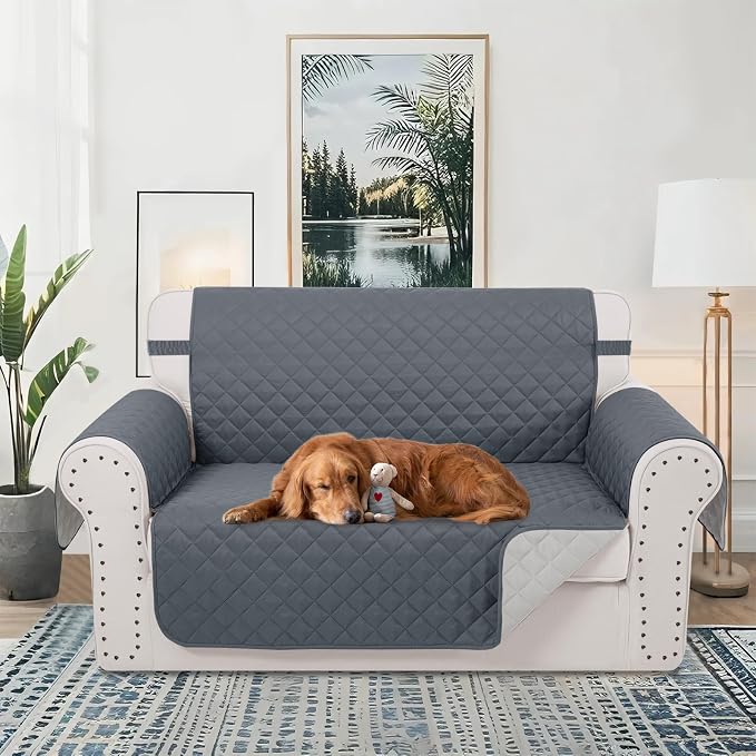 Reversible 45" Small Loveseat Sofa Covers, Dark Blue | Loveseat Covers for Dogs Water Repellent, Friendly Furniture Protector with Elastic Straps for Living Room