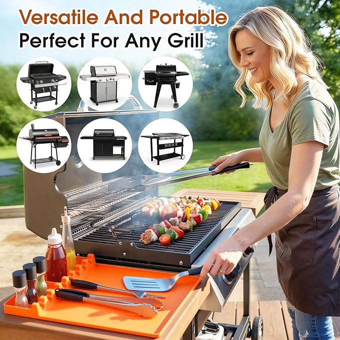 Silicone Grill Mats Compatible with Blackstone, Spatula Tools Mat with Drip Pad, Griddle Mats BBQ Grill Accessories, Side Shelf Pad for Kitchen Counter Outdoor Grill, Easy Clean, Orange