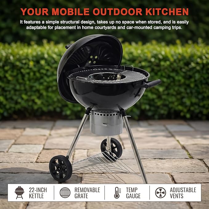 Elitzia 22 Inch Classic Kettle Charcoal Grill Portable Outdoor Round Enamel BBQ Grill with Removable Center Grate with Thermometer Chrome Plated Cooking Grid for Backyard Camp Patio Gathering ETBBQ03