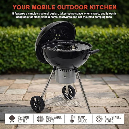 Elitzia 22 Inch Classic Kettle Charcoal Grill Portable Outdoor Round Enamel BBQ Grill with Removable Center Grate with Thermometer Chrome Plated Cooking Grid for Backyard Camp Patio Gathering ETBBQ03