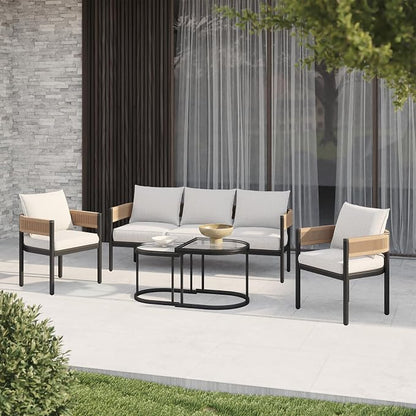 Gand Patio Outdoor 3-Seat Couch Sofa, Wicker Conversation Set with Thick Cushion for Porch, Garden, Yard, Natural