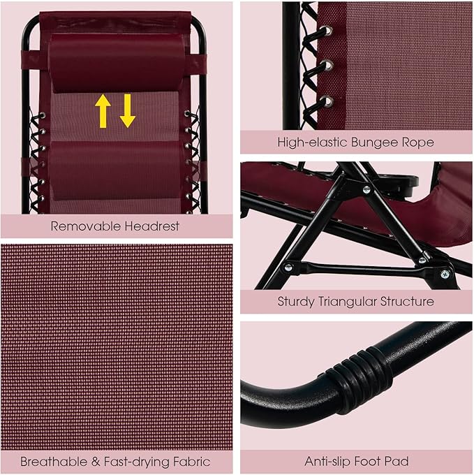 Goplus Zero Gravity Lounge Chairs, 160°Adjustable Folding Recliner w/Pillow and Cup Holder, 350LBS Comfy Outdoor Lounge Chairs for Patio, Lawn, Yard & Camp(Set of 2, Wine)
