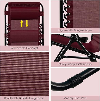 Goplus Zero Gravity Lounge Chairs, 160°Adjustable Folding Recliner w/Pillow and Cup Holder, 350LBS Comfy Outdoor Lounge Chairs for Patio, Lawn, Yard & Camp(1, Wine)