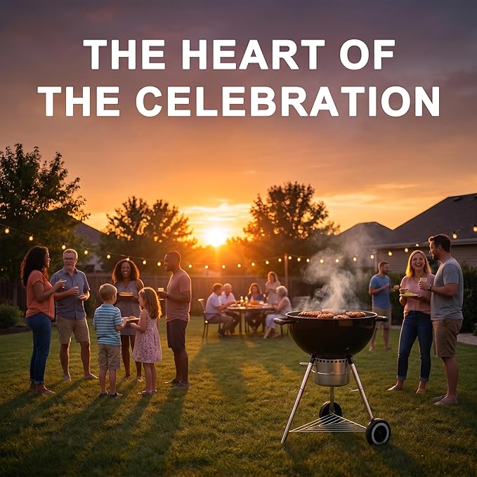 Elitzia 22 Inch Classic Kettle Charcoal Grill Portable Outdoor Round Enamel BBQ Grill with Removable Center Grate with Thermometer Chrome Plated Cooking Grid for Backyard Camp Patio Gathering ETBBQ03