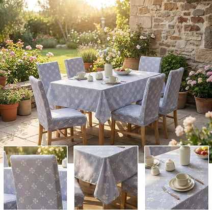 7 Pcs Gray Floral Tablecloth and Chair Covers Set Waterproof Vintage Farmhouse Rectangular Table Cover with Stretch Chair Slipcovers for Dining Room Patio Parties