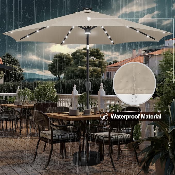 FLAME&SHADE Solar Patio Umbrella with Centre Light, 10 FT Taupe | UV Protection, Small Solar Outdoor Umbrella for Porch, Deck, Backyard, Garden, Provides Evening Lighting, 40 LED Lights