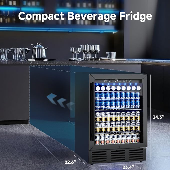 24 Inch Built-In Beverage Cooler for 182 Cans, Under Counter Beer Fridge with Tempered Glass Door & LED Lighting, Freestanding/Integrated Installation (Black)