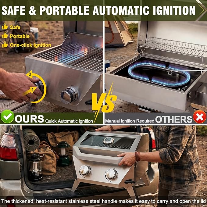 BESTFIRE 2-in-1 Portable Propane Grill, 20,000 BTU 2-Burner Tabletop Gas Grill for Camping & RV, Stainless Steel BBQ with Viewing Glass Lid, Thermometer & Dual-Gas Connection