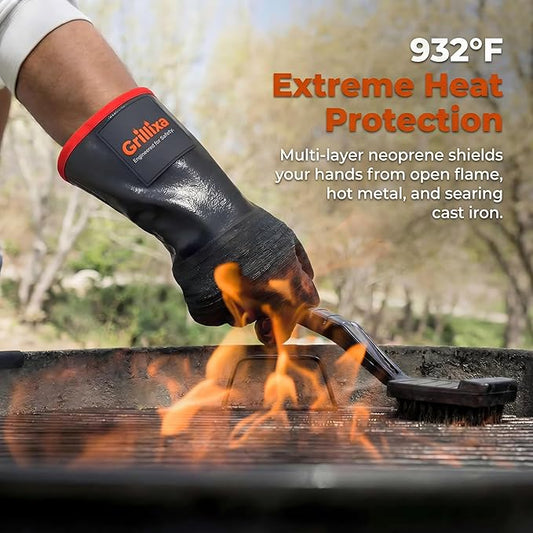 932°F Heat Resistant BBQ Gloves, 14-Inch Waterproof Neoprene Grill Gloves, Oil & Slip Resistant with Cotton Lining, for Oven, Smoker, Fire Pit, Rotisserie and BBQ Cooking