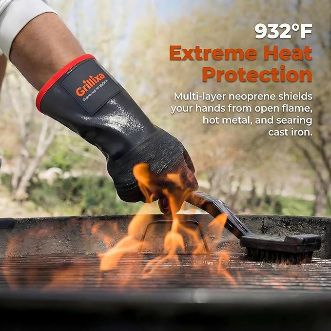 932F Light Heat Resistant BBQ Gloves, 14-Inch Waterproof Neoprene Grill Gloves, Oil & Slip Resistant with Cotton Lining, for Oven, Smoker, Fire Pit, Rotisserie and BBQ Cooking