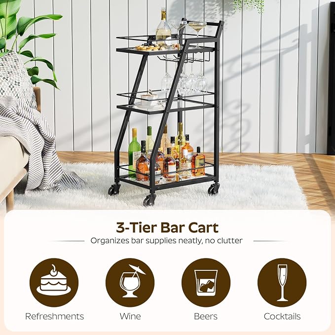 Bar Cart, 3-Tier Home Bar Serving Cart with Wheels, Drink Cart with Glass Holder, Beverage Cart, Rolling Kitchen Cart, for Home, Living Room, Transparent and Black BC03BK