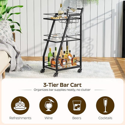 Bar Cart, 3-Tier Home Bar Serving Cart with Wheels, Drink Cart with Glass Holder, Beverage Cart, Rolling Kitchen Cart, for Home, Living Room, Transparent and Black BC03BK