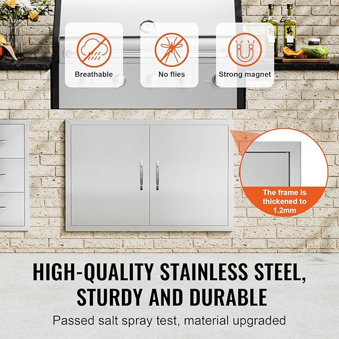 VEVOR BBQ Access Door, 36W x 24H Inch Double Outdoor Kitchen Door, Stainless Steel Flush Mount Door, Wall Vertical Door with Handles, for BBQ Island, Grilling Station, Outside Cabinet, sliver