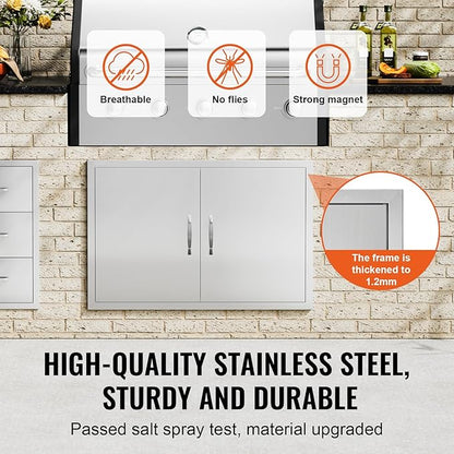 VEVOR BBQ Double Door, 35W x 24H Inch Stainless Steel Flush Mount Vertical Door with Handles, for Grilling Station