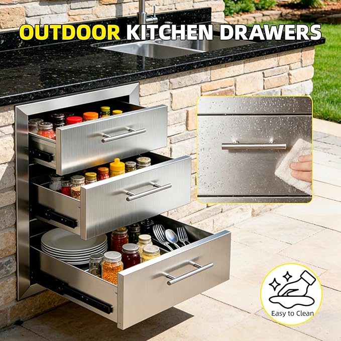 Outdoor Kitchen Drawers 18" W x 20.5" H x 20.5" D Stainless Steel Flush Mount Modular Cabinet, with Chrome Handle for Outdoor Kitchens or BBQ Island Patio Grill Station