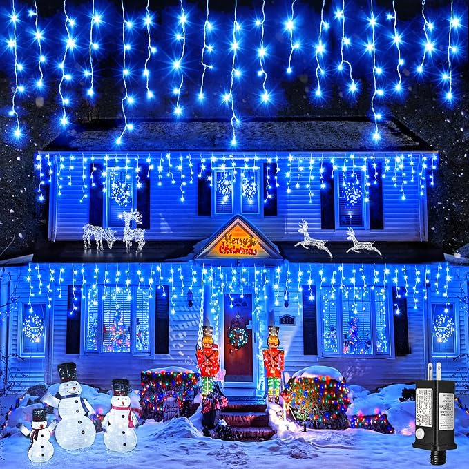 Icicle Lights for Outside 66ft 640 LED Icicle Lights Plug in Fairy Curtain Lights with Timer for Party Holiday Wedding Decorations, Blue