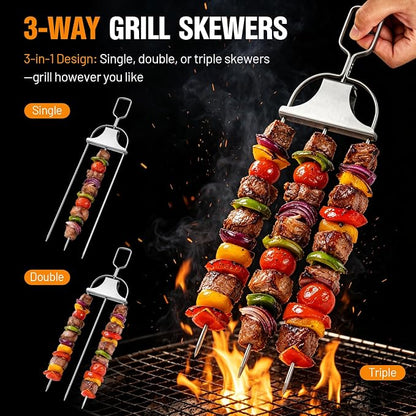 3 Prong Skewers for Grilling, Reusable Metal Kabob Skewers | 14.7" Stainless Steel BBQ Skewer with Push-Off Slider, Outdoor Grill Accessories, for Barbecuing, Grilling