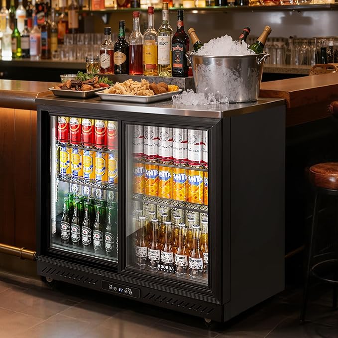 BODEGA BODEGACOOLER Back Bar Cooler,7.7 Cu.ft Commercial Beverage Refrigerator with 2 Sliding Glass Doors, Stainless Steel Top,Beverage Fridge Perfect for Beer,Wine,Soda,DOE Approved