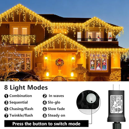 QITONG Warm White Icicle Lights for Outside, 66ft 800 LED String Lights Indoor with 8 Modes, Clear Wire Connectable Icicle Christmas Light Plug in