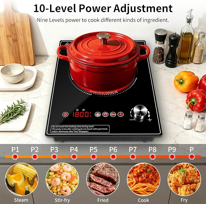 Single Burner Electric Cooktop, 1800W Electric Stove Top，portable cooktop with LED Touch Control,10Power Levels, 4H Timer, Safety Lock, single burner cooktop Overheat protection
