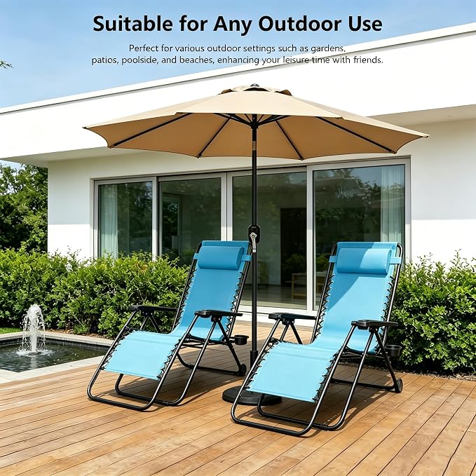 Zero Gravity Chairs Set of 2 with 9FT Patio Umbrella, Adjustable Folding Outdoor Recliner with Pillow & Cup Holder, Waterproof UV Protection Market Umbrella for Pool, Beach, Patio, Camping