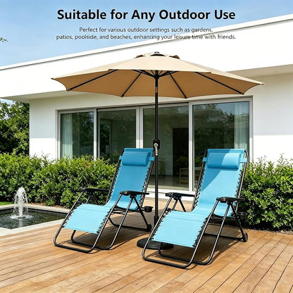Zero Gravity Chairs Set of 2 with 9FT Patio Umbrella, Adjustable Folding Outdoor Recliner with Pillow & Cup Holder, Waterproof UV Protection Market Umbrella for Pool, Beach, Patio, Camping