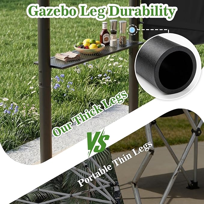CHARMELEON 8x8 FT Grill Gazebo, Grill Canopy with Big Awning&2 Side Shelves&6 Hooks&Bottle Opener, Powder-Coated Steel BBQ Shelter for Patio Backyard Outdoor Grilling-Black