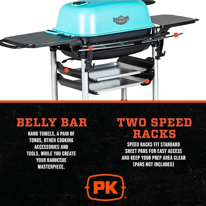 PK Grills Portable Charcoal BBQ Grill and Smoker, Cast Aluminum Outdoor Kitchen Barbecue Grill for Camping, Backyard Grilling, Park, Tailgating, Teal, New Original PK Aaron Franklin Addition
