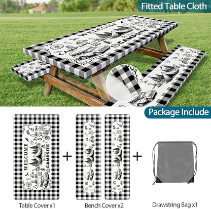 Picnic Table Cover with Bench Covers Elastic Edges, Black & White Gingham Camping Table Cover, Waterproof Windproof Fitted, for Outdoor Camping Patio Backyard BBQ Party, Drawstring Bag, 72 Inch 3PCS