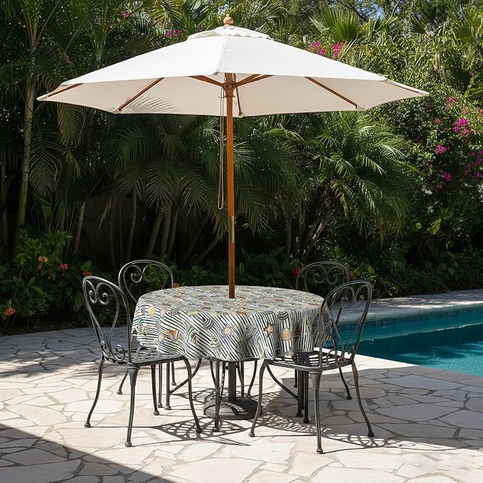 LVTXIII Round Outdoor Tablecloth with Umbrella Hole and Zipper, Water-Repellent 60 Inch Patio Table Cover for Bistro, Garden, Patio & Picnic, Cabana Shells