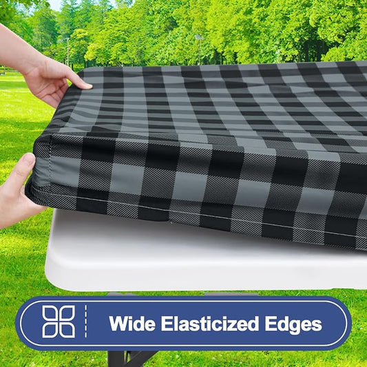 Smiry Picnic Table Cloth 2 Pack, Waterproof Elastic Fitted Tablecloths for 6FT Rectangle Tables, Washable Polyester Buffalo Plaid Tablecloth for Camping & Outdoor (Black & Grey, 30" x 72")