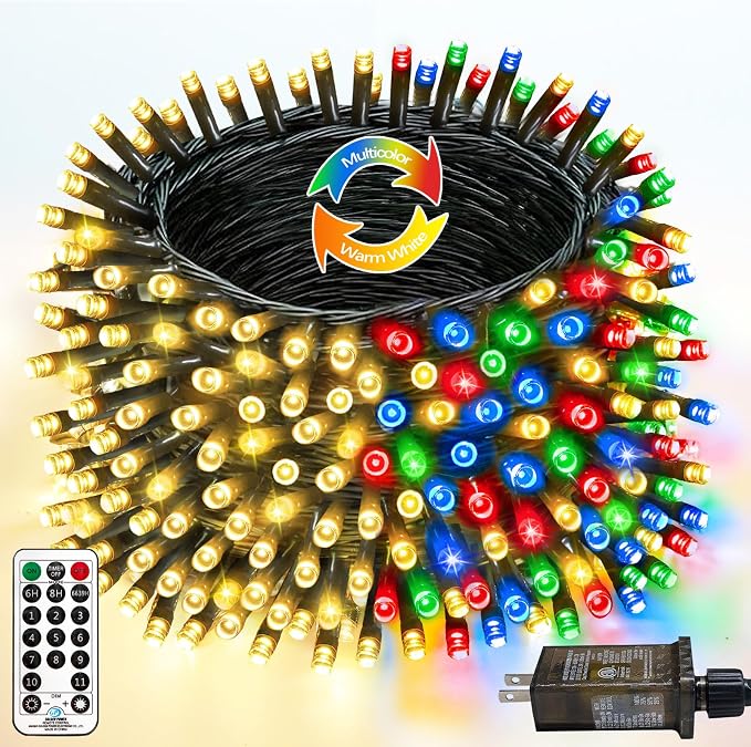 YIQU 108FT Color Changing Christmas Lights with Remote Timer 300 LED | Warm White & Multicolor Fairy Xmas String Lights with 11 Lighting Modes & Memory Function Waterproof for Christmas Tree Decor