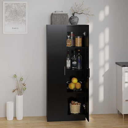 Panana Wooden Storage Cabinet, Narrow Pantry Cabinets Free Standing Tall Storage Cabinet with 2 Doors and Shelves (Black)