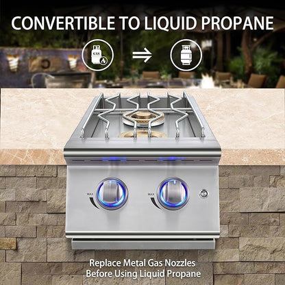 Double Grilling Side Burners for Outdoor Kitchen, 2 * 17,000BTU Nature Gas Burners, Convertible to Liquid Propane, Duty Heavy 304 Stainless Steel, Built-in Side Burner for BBQ Island Grill