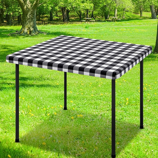 Smiry Square Picnic Table Cloth, Elastic Waterproof Fitted Vinyl Tablecloths, Flannel Backed Buffalo Plaid Table Covers for Dining, Camping, Outdoor (Black and White, 36" x 36")