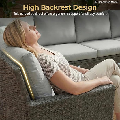 Wisteria Lane 7 Piece Patio Furniture Set, Patio Sectional for All Weather | High Curved Back Outdoor Furniture Dining Set, Wicker Patio Sofa, Patio Conversation Sets with Ottoman for Porch, Ash Grey