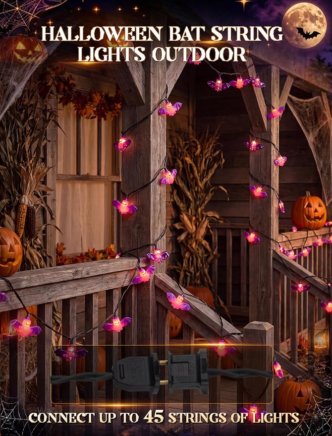 8.5Ft Halloween Bat String Lights Outdoor, 10 LED Purple Bat Decor Plug In | Shatterproof & Waterproof, End-to-end Connectable, Hanging Halloween Decoration for Home Patio Yard Party, 2700K Warm White