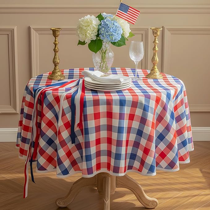 Patriotic Waterproof Tablecloth - Red, White & Blue Buffalo Plaid Table Cover, Stain-Resistant & Washable, Indoor & Outdoor Picnic Tablecloth for 4th of July, Memorial Day