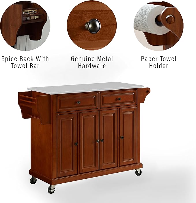 Crosley Furniture Full Size Stone Top Rolling Kitchen Island Storage Cart, Microwave Stand, Spice Rack, Cherry