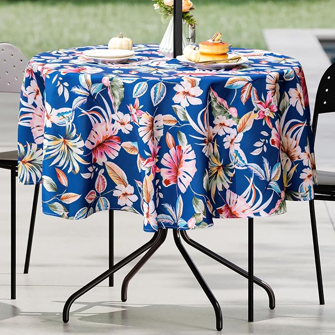 UMINEUX 60" Outdoor Round Tablecloth with Umbrella Hole and Zipper | Spring/Summer Waterproof Round Patio Table Cover for Picnic/BBQ/Garden, Blue Tortoise Bamboon