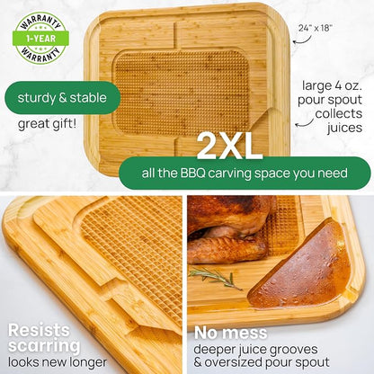 24 Inch Organic Bamboo Extra Large Carving Board with Lifetime Replacements - 2XL Meat Cutting Board and Wooden Butcher Block with Pour Spout, Turkey Platter for Christmas Holiday Essentials