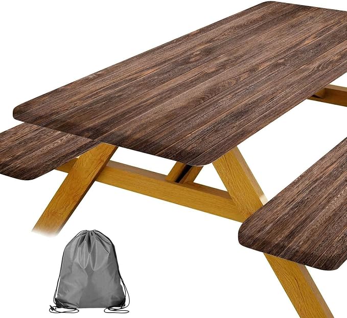 JAWO Vintage Brown Rustic Wooden Picnic Table Cover with Bench Covers, Modern Camping RV Essentials Gear Supplies Outdoor Waterproof Windproof Tablecloth with Elastic, 30X60in