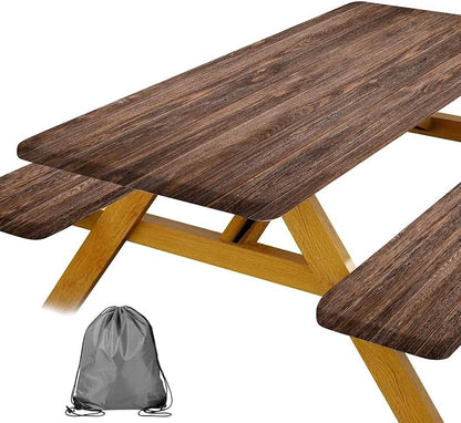 JAWO Vintage Brown Rustic Wooden Picnic Table Cover with Bench Covers, Modern Camping RV Essentials Gear Supplies Outdoor Waterproof Windproof Tablecloth with Elastic, 30X60in