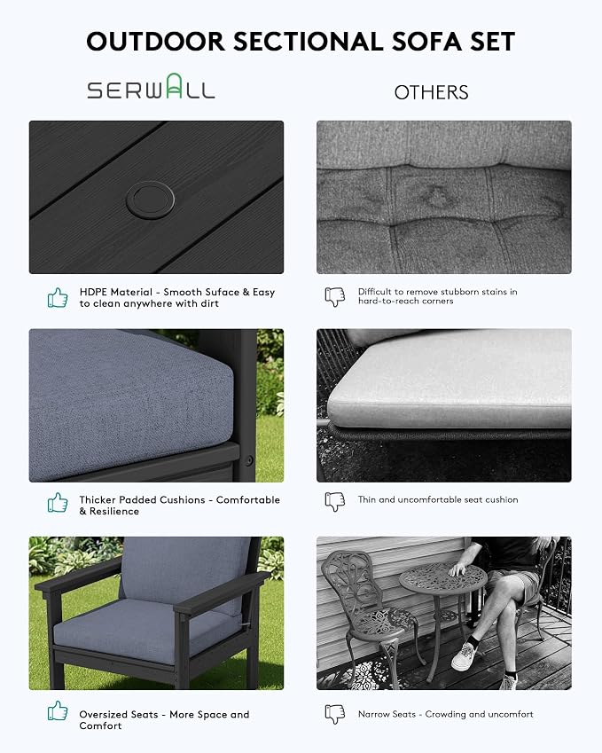 SERWALL HDPE Patio Furniture Set, 7-piece Outdoor Sectional Sofa Set, All Weather Outdoor Couch Set for Deck, Lawn, Black Frame with Grey Cushion